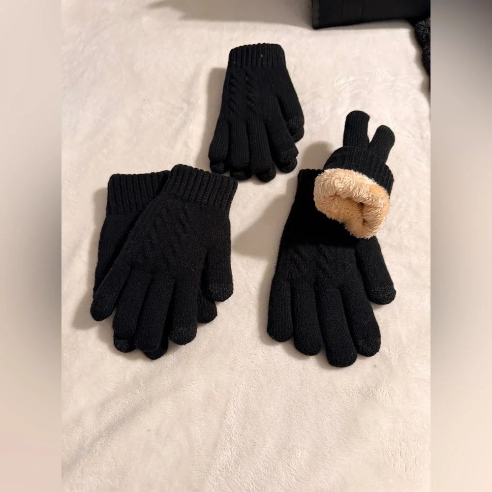 Bundle 3 set of Black Knit Gloves with Faux Fur Lining